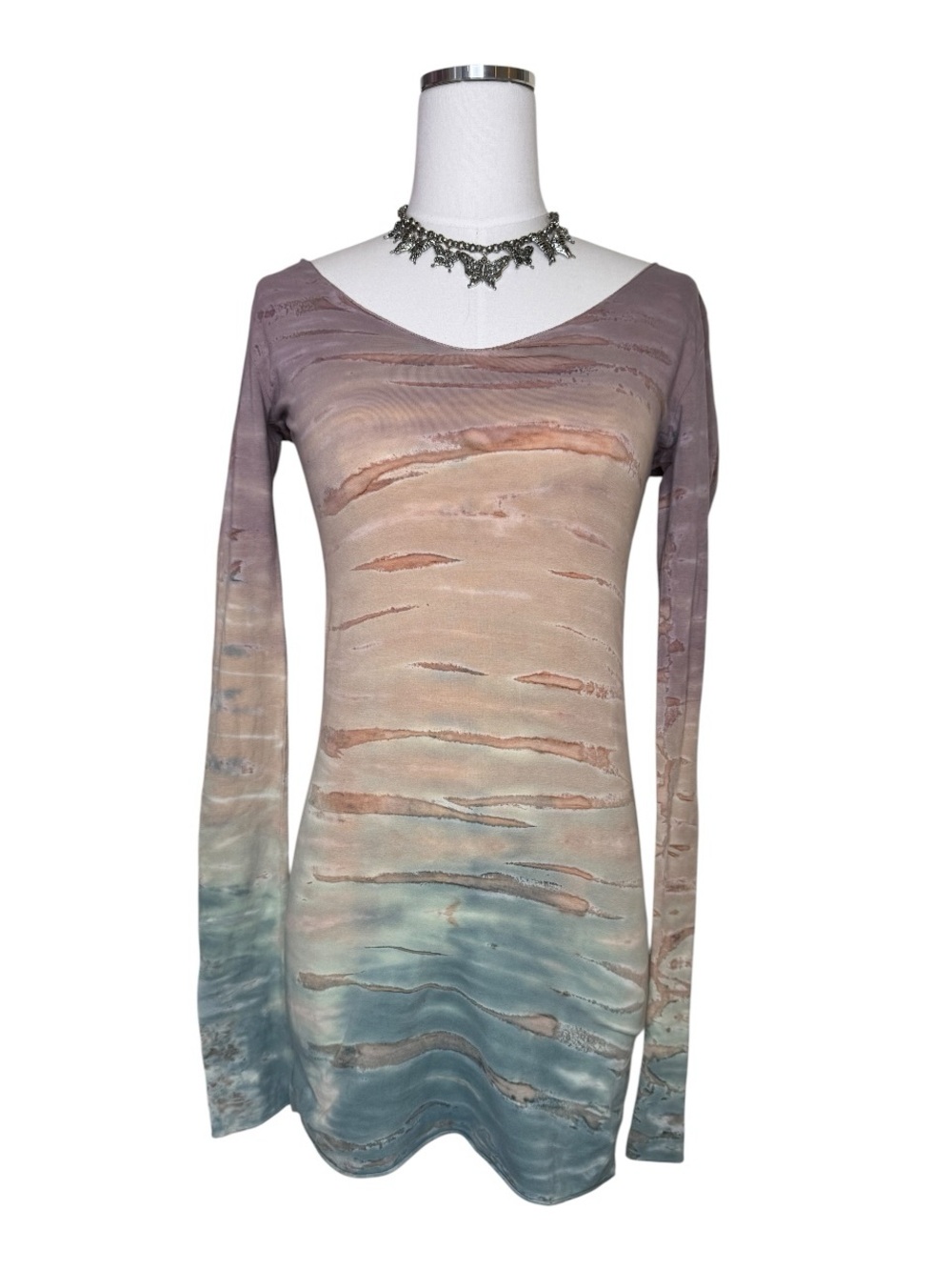 Y2K Hard Tail Mauve + Teal Bodycon Long Sleeve Ombre Acid Wash Dress Size Small